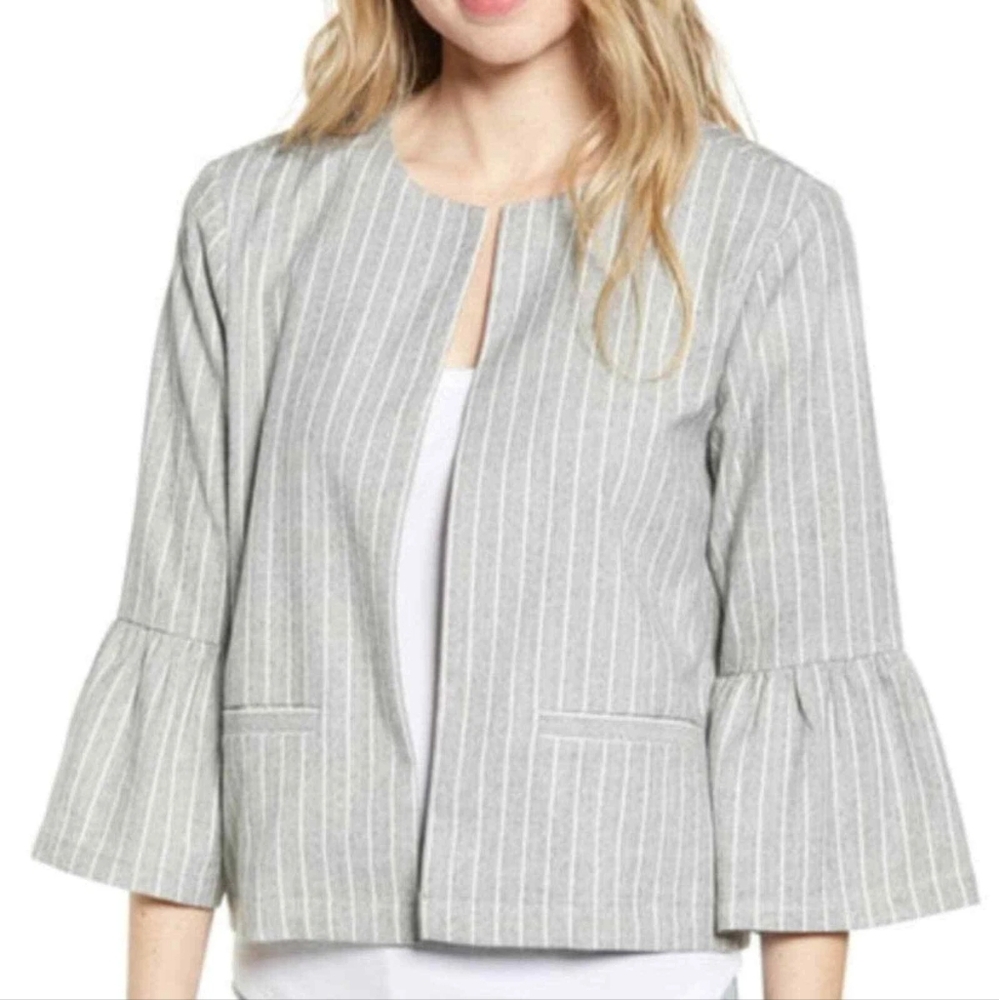 Cupcakes And Cashmere Gray And White Striped Women's Blazer, Size Medium